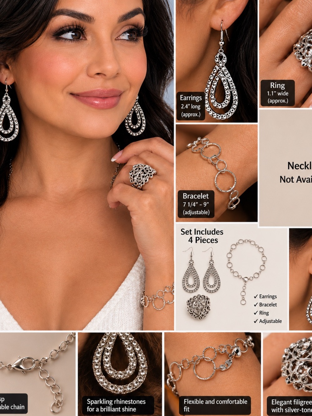 Silver-Tone Women’s Jewelry Set — Earrings, Bracelet & Ring